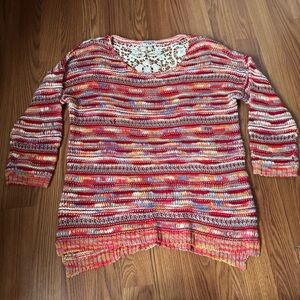 Yuka‎ Rainbow Multicolor Striped knit Women's Sweater Crochet back Size M